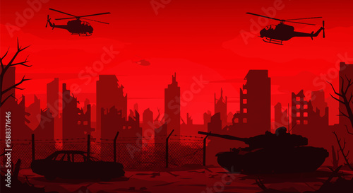 Apocalyptic Red-Toned Cityscape with Silhouetted Tank, Wreckage, and Helicopters amid Ruined Urban Debris in Flat Vector Style