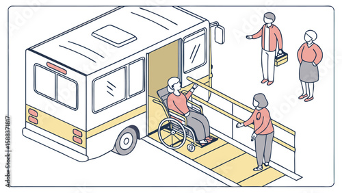 Isometric view of a bus with a ramp for wheelchair access and people waiting nearby for assistance