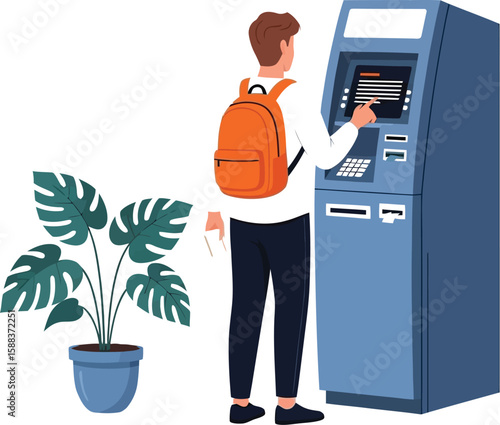 A student with a backpack uses an ATM to withdraw cash, a convenient banking service in a modern financial landscape.