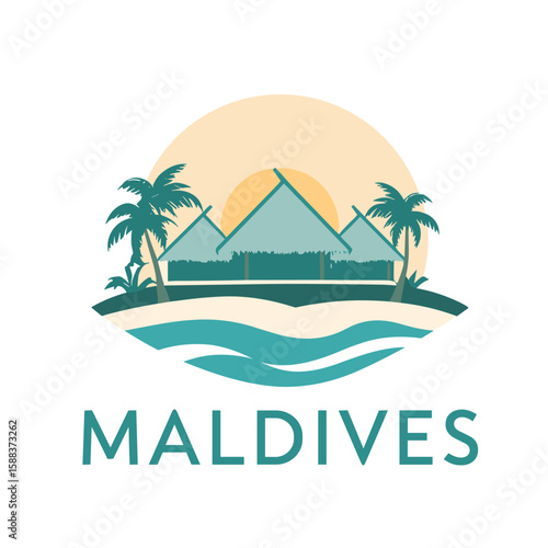 Vector illustration of Maldives with beach bungalows, palm trees, ocean and sunset. Tropical island scene in elegant flat style