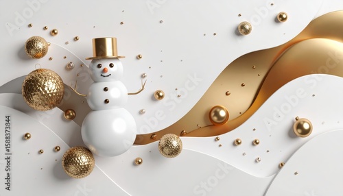 Elegant winter holiday card with abstract snowman and golden decoration