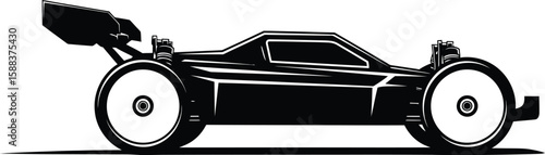 Sleek silhouette of a remote control car ready for a race, isolated on white, rendered with sharp vector lines, perfect for graphic design.