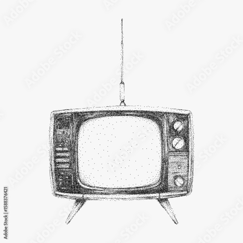 Black and white television with a remote control. Detailed stipple design with halftone dots, high contrast threshold effect, photocopy noise, vintage indie print look.