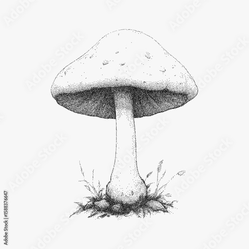 Mushroom on the ground. Stipple artwork with strong threshold contrast, halftone dots and paper photocopy noise, old lofi zine aesthetics.