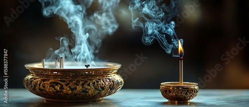 Mystical Incense Smoke Rising from Ornate Golden Bowls