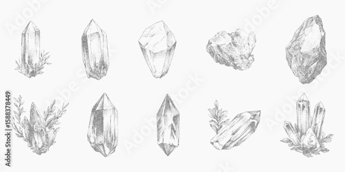 Set of drawings of crystals different shape and size. Classic stipple shading, layered halftone pattern, subtle photocopy grit and bold threshold, retro prints.