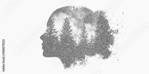 Woman's face in a blurry, grainy style. Old stippled graphic, scattered halftone dots, faded photocopy effect and threshold edges, nostalgic print vibe.