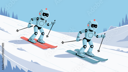 Humanoid Robots Skiing and Snowboarding – Futuristic Vector Illustration of Robots Enjoying Winter Sports on Gentle Snowy Hill, Ideal for Technology, AI, and Winter-Themed Designs

