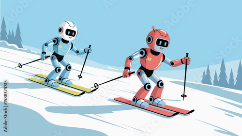 AI Robots Enjoying Winter Sports – Vector Design of Humanoid Figures Skiing and Snowboarding Downhill, Great for Technology Meets Nature and Futuristic Lifestyle Themes

