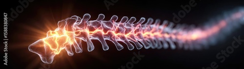 Sciatic pain from spinal damage concept. A stunning visual of a glowing human spine structure.