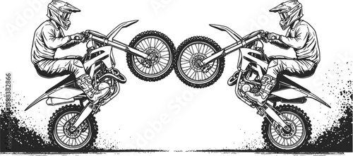 Two stylized dirt bike riders perform wheelies, creating a symmetrical, dynamic motocross design on a beige background, showcasing extreme sport.