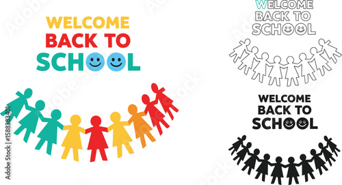 Welcome back to school banner template for kids with paper dolls and happy faces vector illustration editable