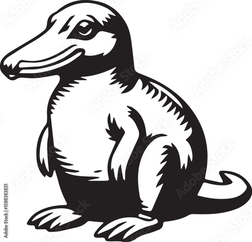 Cute cartoon platypus sitting and looking to the side in black and white