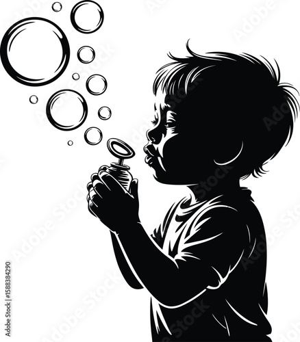 Cute baby boy blowing bubbles silhouette isolated on white background