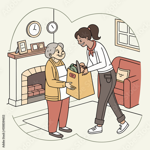 Woman delivers groceries to senior woman in living room with fireplace and chair illustration