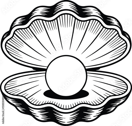 Pearl in Sea Shell Icon – Vintage Ocean Treasure Vector Illustration