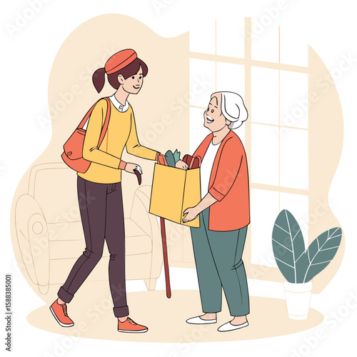 Young woman helping an elderly woman with groceries in a bright and cheerful living room setting indoors