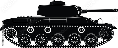 Black silhouette of a military tank isolated on white background