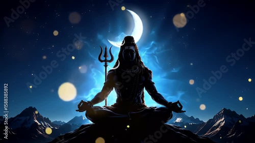 Majestic animation of Lord Shiva’s silhouette sitting in meditation on Mount Kailash under a glowing crescent moon, divine blue aura with soft golden particles filling the air, dark blue gradient back