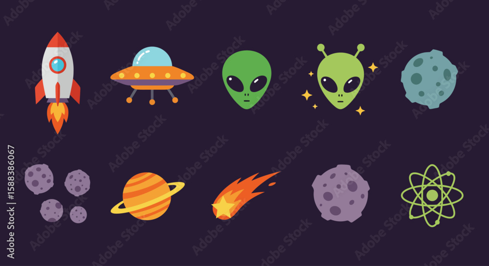 Naklejka premium Cosmic Journey A Collection of Space Illustrations Featuring Rockets, UFOs, Aliens, Planets, and Meteors