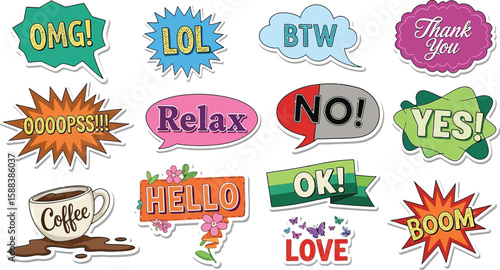 Social media stickers vector graphic with omg lol btw thank you relax yes hello ok boom love coffee editable
