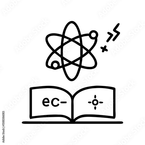  Physics Icon – Atom and Scientific Symbols Over Open Book