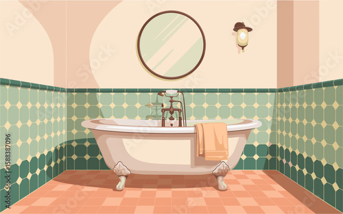 Flat vector illustration of a retro mid-century modern bathroom with freestanding porcelain bathtub, geometric mint and peach tiles, vintage mirror, and warm muted colors.