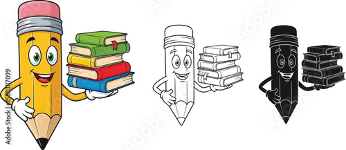 Cartoon pencil character holding books vector illustration education school stationery study learning editable