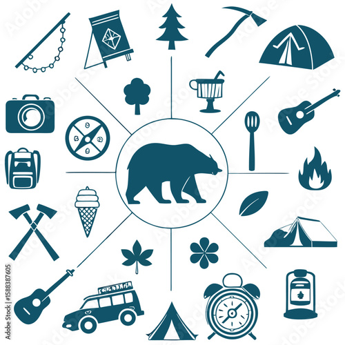 Camping icon set. Camp, tent, fishing, nature, picnic table, forest, campfire, hiking and more.illustration vector icons collection.