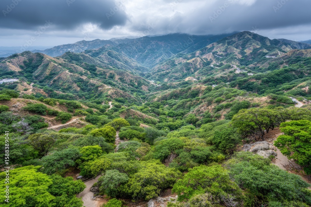 Naklejka premium Lush, hilly landscape under a cloudy sky. Rolling terrain, dense foliage, and valleys