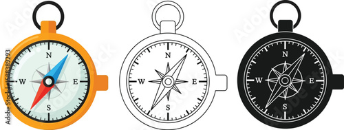 Compass vector illustration set navigation tool direction guide orientation equipment travel adventure icon editable