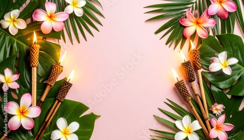 Tropical luau flat lay background with tiki torches and plumeria flowers