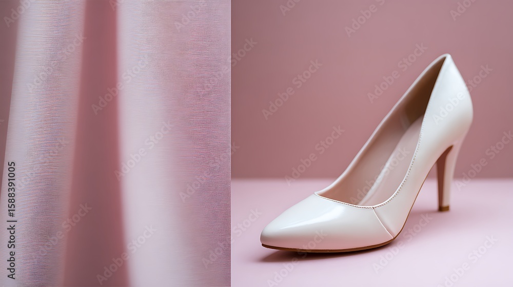 Obraz premium High-heel shoes placed on left, soft pink backdrop blurred, copy space on right 