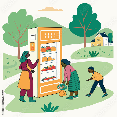 People accessing a community fridge filled with food in a park like setting near houses and trees