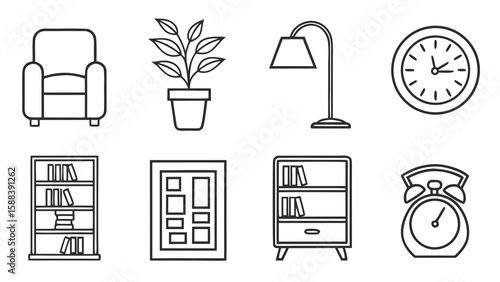 Charming home decor elements line art depicting essential furniture and stylish indoor items in minimal designs for various creative projects.