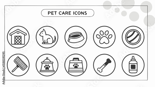 Pet care icons set showcases a dog house, cat, bowl, paw, toy, brush, food container, bag, bone, and bottle, perfect for pet-related projects.