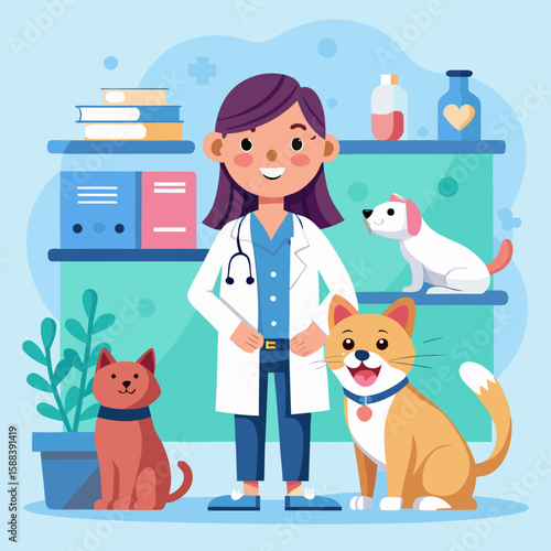 A cheerful, flat vector illustration of a friendly veterinarian examining a dog and a cat in a clinic setting