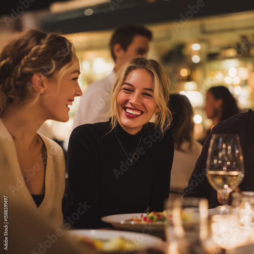 Two stylish young women are laughing and enjoying a cozy evening at a warmly lit restaurant, surrounded by friends, food, and wine, creating a joyful and intimate social atmosphere.