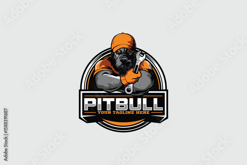 Pitbull with wrench logo vector image logo mascot template