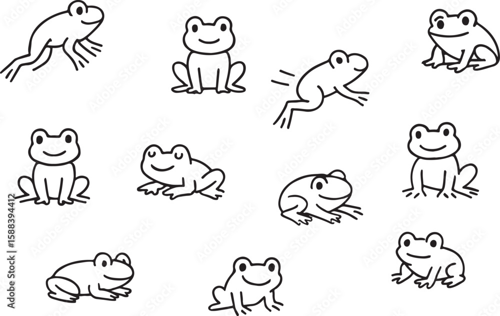 Obraz premium Minimal Cartoon Frog Poses: Sitting, Jumping & Relaxed Amphibian Vector Set
