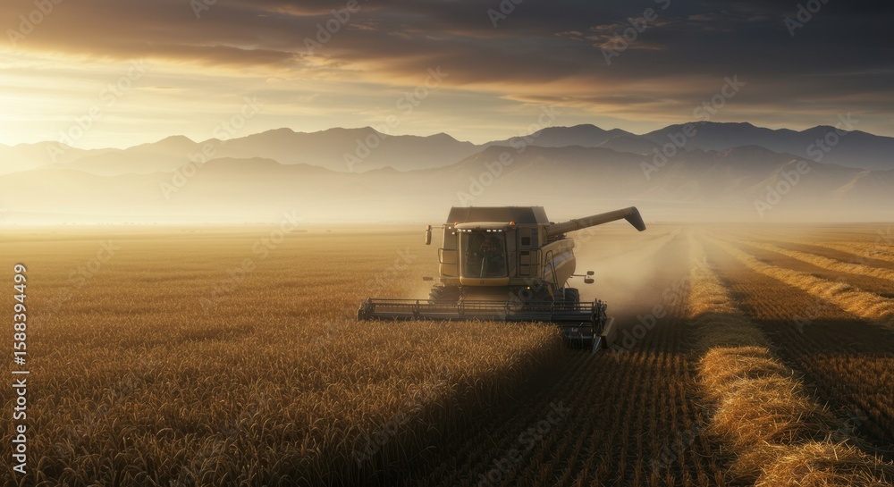 Fototapeta premium Combine Harvester Working Golden Fields at Sunset in Rural Landscape