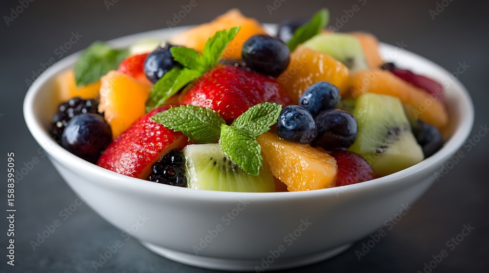 White ceramic bowl filled with colorful fresh fruit salad including strawberries, kiwi, and blueberries, representing healthy eating, freshness, and summer nutrition. White ceramic bowl filled with colorful fresh fruit salad including strawberries, kiwi, and blueberries, representing healthy eating, freshness, and summer nutrition.