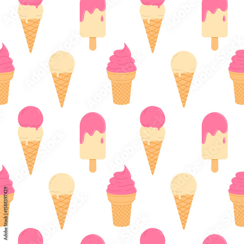 Ice cream cone and popsicle seamless pattern for design and print. Flat vector illustration