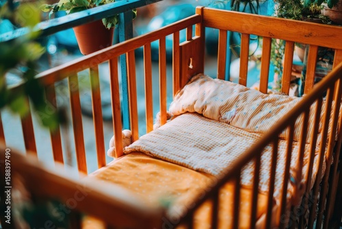 Wooden crib on a sunny balcony with plants