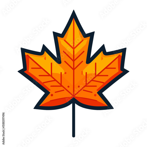 Vibrant autumn leaf illustration in bright orange color with detailed outlines in a clean vector style on a transparent background