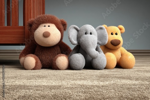 Three plush animals, a brown bear, a gray elephant, and a light orange/yellow bear, sit side-by-side on a beige carpet near a wooden crib