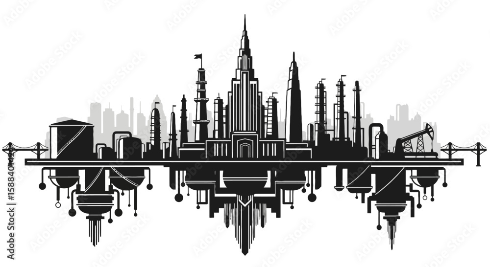 Obraz premium Explore the powerful silhouette depicting the oil and gas industry, showcasing energy production, fuel, and the industrial landscape with drilling and refining processes.