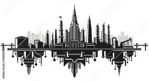 Explore the powerful silhouette depicting the oil and gas industry, showcasing energy production, fuel, and the industrial landscape with drilling and refining processes.