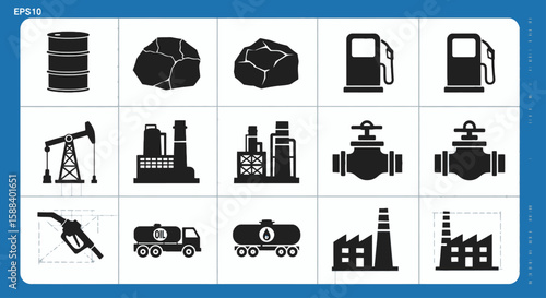 A dark silhouette showcases the oil and gas industry with drilling rigs and pipelines conveying energy production and fuel, representing industrial might.