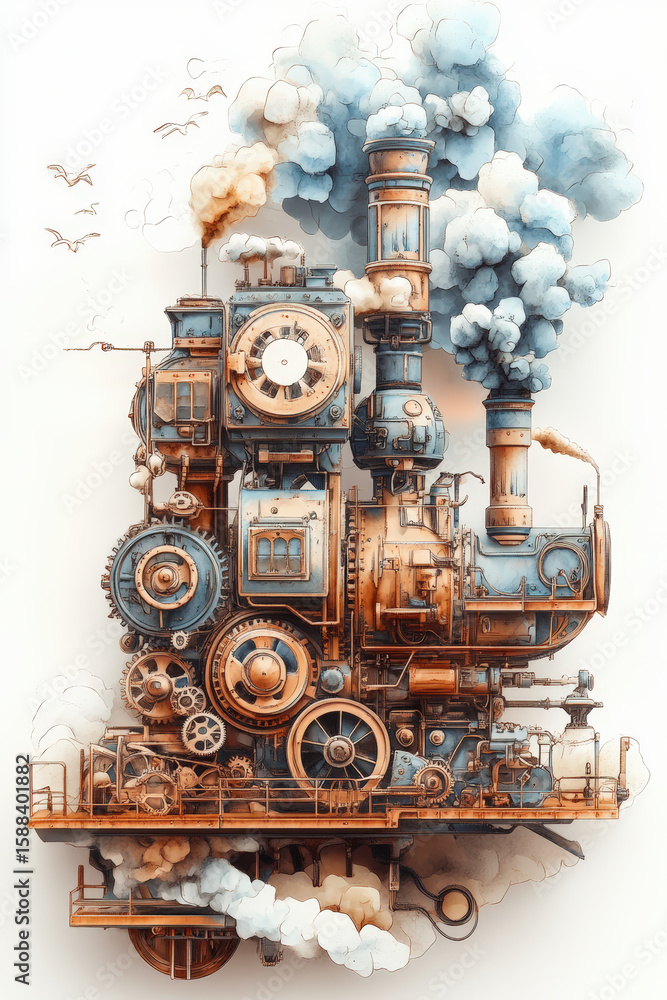 Fototapeta premium This steampunk train illustration showcases intricate gears and a whimsical cloud scene.